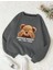Kadın Füme Utangaç Ayıcık Baskılı Bisiklet Yaka Sweatshirt 1