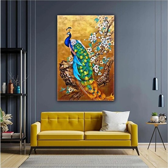 AR AJANS KANVAS TABLO Yağlı Boya Efektli Tavus Kuşu Gold Kiraz Ağacı Kanvas Tablo ART0049