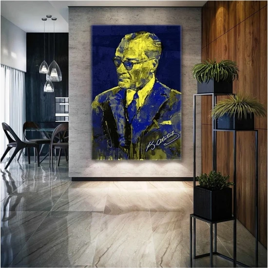 AR AJANS KANVAS TABLO Mustafa Kemal Atatürk Imzası Fenerbahçe Sarı ve Lacivert Kanvas Tablo ART0089