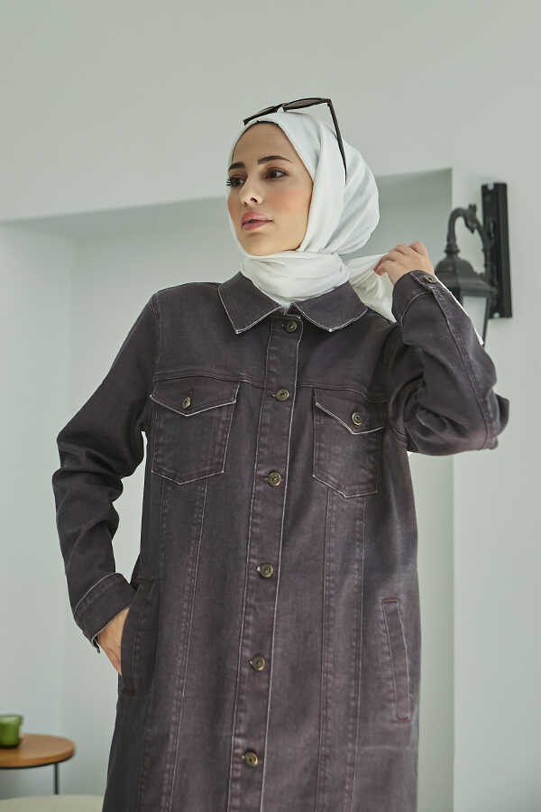 Neways 6373 -Denim Uzun Ceket Bordo görsel 3