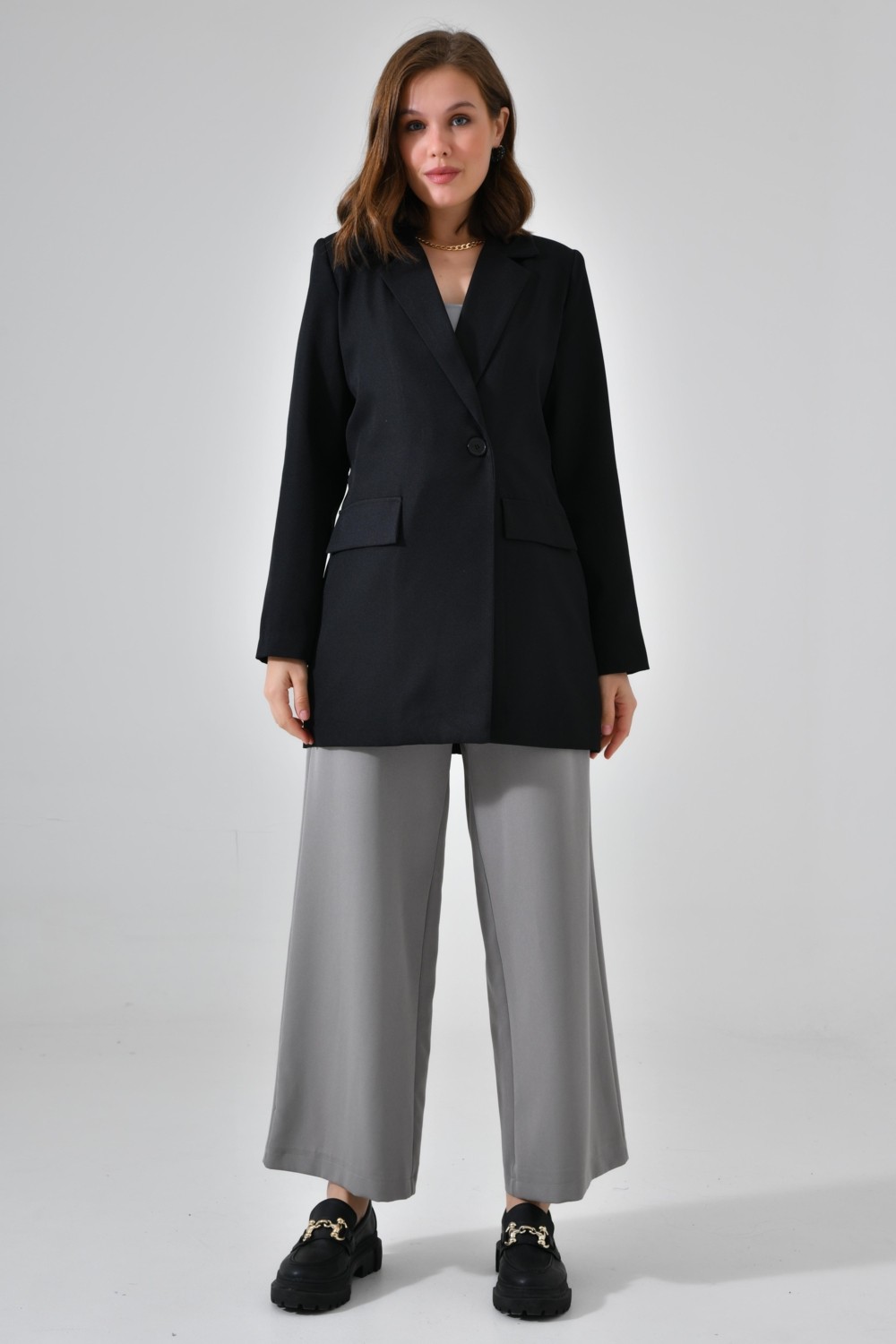 Saade Kadın Siyah Kuşaklı Cep Detaylı Blazer Dokuma Ceket %86 Polyester %14 Elastan görsel 2