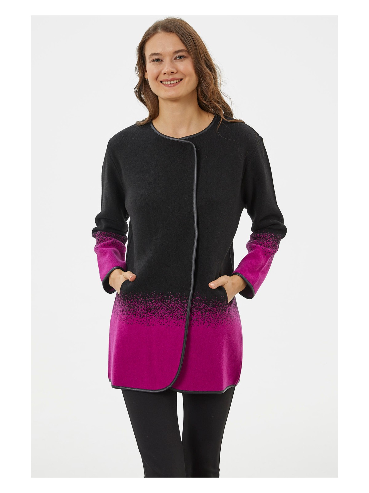 Sementa Deri Biye Detaylı Çift Renk Triko Ceket - Lacivert - Görsel 6