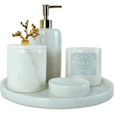 Sia Art Design Doğal Dokimeion Beyaz Mermer 5'li Banyo Set Gold Mercan Sap