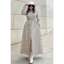 New Laviva Kadın Hardal & Ekru Çizgili Uzun Kol, Rahat Beli Kemerli, Cepli, Keten, Maksi Gömlek Elbise