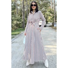 New Laviva Kadın Kiremit & Ekru Çizgili Uzun Kol, Rahat Beli Kemerli, Cepli, Keten, Maksi Gömlek Elbise