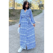 New Laviva Kadın Mavi & Beyaz Kruvaze Yaka, Yırtmaçlı, Beli Kuşaklı, Bilekleri Lastikli, Salaş, Uzun Elbise