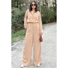 New Laviva Kadın Karamel Uzun Kol, Gömlek Yaka, Beli Lastikli, 4 Cepli, Bilekleri Lastikli, Salaş Tulum