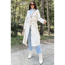 New Laviva Kadın Ekru Uzun Kol, Çift Cepli, Eteği Oval Kesim, Kemerli, Kaşe Gömlek Kaban