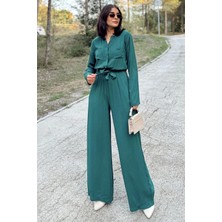 New Laviva Kadın Zümrüt Yeşili Uzun Kol, Yuvarlak Yaka, Beli Lastikli ve Kemerli, Çift Cepli, Salaş Tulum