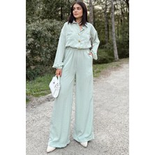 New Laviva Kadın Mint Uzun Kol, Gömlek Yaka, Beli Lastikli, 4 Cepli, Bilekleri Lastikli, Salaş Tulum