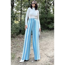 New Laviva Kadın Mavi Yüksek Bel, Geniş Paça, Çizgili Desenli, Beli Lastikli, Salaş Dokuma Pantolon