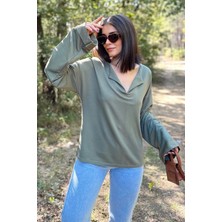 New Laviva Kadın Haki Uzun Kol, Duble Manşet, Yırtmaçlı Yaka, Salaş Sweatshirt Bluz