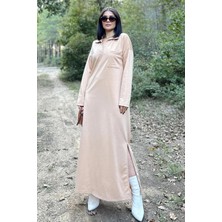 New Laviva Kadın Bej Polo Yaka, Uzun Kol, Cepli, Yırtmaçlı, Salaş, Maksi Boy, Örme Elbise