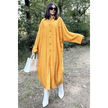 New Laviva Kadın Hardal Yarasa Kol, Arkası Pliseli, Çift Cepli, Uzun Oversize Salaş Gömlek Elbise