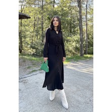New Laviva Kadın Siyah Uzun Kol, Beli Kuşaklı, Eteği Oval, Vucüda Oturan Kalıp, Uzun Viskon Gömlek Elbise