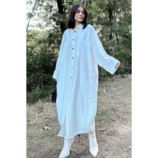 New Laviva Kadın Ekru Yarasa Kol, Arkası Pliseli, Çift Cepli, Uzun Oversize Salaş Gömlek Elbise