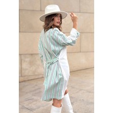 New Laviva Kadın Mint & Ekru Kolu Katlamalı, Beli Kuşaklı, Yuvarlak Yaka, Salaş Elbise