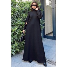 New Laviva Kadın Siyah Boğazlı, Uzun Kolları Manşet ve Pencere Detaylı, A Kesim, Salaş, Uzun Elbise