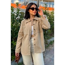 New Laviva Kadın Camel Uzun Kol, Çift Cepli, Eteği Oval Kesim, Kaşe Gömlek Ceket