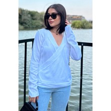 New Laviva Kadın Beyaz Kruvaze Yaka Yumuşak Dokulu Uzun Kol Triko Bluz
