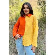 New Laviva Kadın Turuncu & Sarı Muslin Kumaş, Çift Bloklu, Eteği Oval, Uzun Kol, Regular Kesim Gömlek