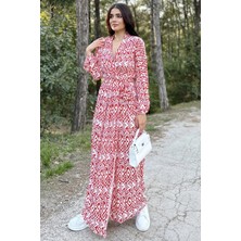 New Laviva Kadın Kırmızı & Ekru Kruvaze Yaka, Yırtmaçlı, Beli Kuşaklı, Bilekleri Lastikli, Salaş, Uzun Elbise