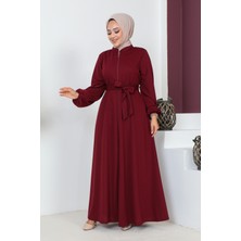 Kuşaklı Cepli Kloş Ferace-3148 Bordo