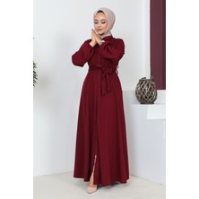 Kuşaklı Cepli Kloş Ferace-3148 Bordo