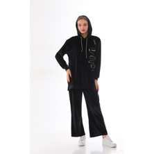 Westbound Kadın Kadife Taş Işlemeli Kapüşonlu Takım - Siyah