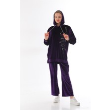 Westbound Kadın Kadife Taş Işlemeli Kapüşonlu Takım - Mor