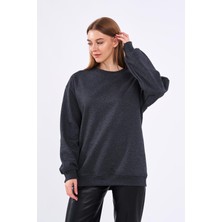 Mmetalic Antrasit Kadın Pamuklu Oversize Basic Bisiklet Yaka Sweatshirt