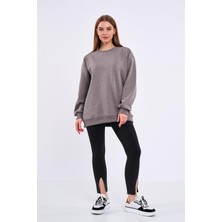 Mmetalic Kahve Kadın Pamuklu Oversize Basic Bisiklet Yaka Sweatshirt