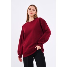 Mmetalic Bordo Kadın Pamuklu Oversize Basic Bisiklet Yaka Sweatshirt