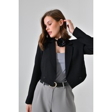 Saade Siyah Kruvaze Crop Blazer Ceket