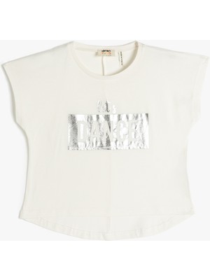 Koton Oversize Tişört Kısa Kollu Bisiklet Yaka Parıltılı Baskılı Pamuklu