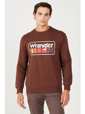 Wrangler W646H1H44 Kahverengi Wrangler Baskılı Bisiklet Yaka Erkek Sweat