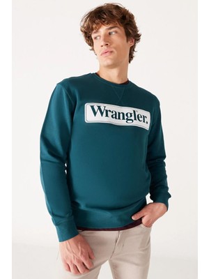 Wrangler W6F3I3G03 Yeşil-Beyaz Önü Wrangler Baskılı Bisiklet Yaka Erkek Sweat