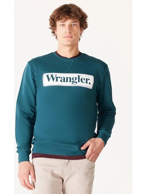 Wrangler W6F3I3G03 Yeşil-Beyaz Önü Wrangler Baskılı Bisiklet Yaka Erkek Sweat