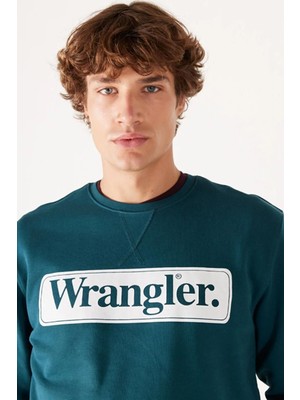 Wrangler W6F3I3G03 Yeşil-Beyaz Önü Wrangler Baskılı Bisiklet Yaka Erkek Sweat