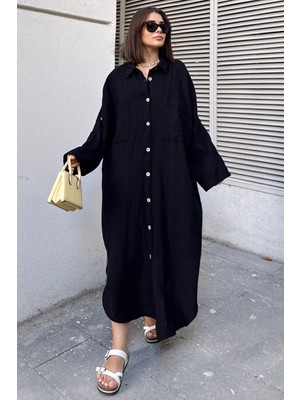 New Laviva Kadın Siyah Muslin Kumaş, Yarasa Kol, Eteği Oval, Çift Cepli, Uzun Oversize Salaş Gömlek Elbise