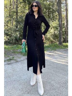 New Laviva Kadın Siyah Uzun Kol, Beli Kuşaklı, Eteği Oval, Vucüda Oturan Kalıp, Uzun Viskon Gömlek Elbise