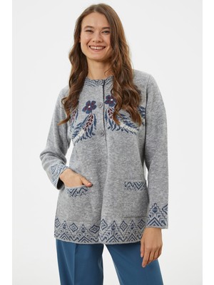 Sementa Hakim Yaka Renkli Desenli Triko Hırka - Gri