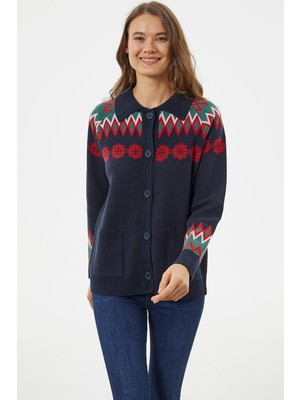 Sementa Düğmeli Kar Tanesi Desenli Triko Hırka - Lacivert