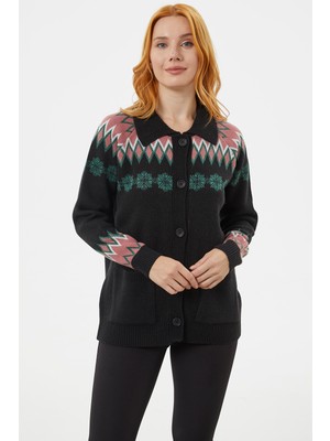 Sementa Düğmeli Kar Tanesi Desenli Triko Hırka - Siyah