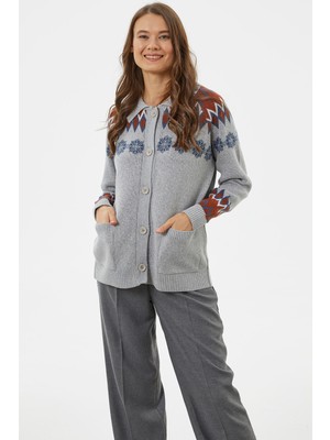 Sementa Düğmeli Kar Tanesi Desenli Triko Hırka - Gri