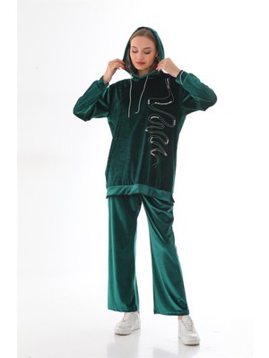 Westbound Kadın Kadife Taş Işlemeli Kapüşonlu Takım - Zümrüt