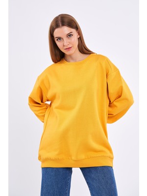 Mmetalic Sarı Kadın Pamuklu Oversize Basic Bisiklet Yaka Sweatshirt