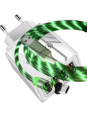 Judas A6 Çoklu Şarj Adaptörü 4 Port + J21 Micro USB Magnetic Akan LED Işıklı Şarj Kablosu -1mt