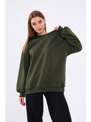 Mmetalic Haki Kadın Pamuklu Oversize Basic Bisiklet Yaka  Sweatshirt