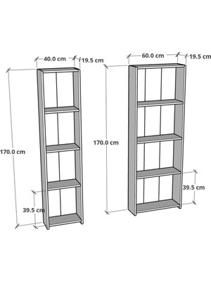 Furnature Design 5 Raflı Kitaplık Seti Arkalıklı 3 Dar 2 Geniş Raf Kütüphane 170 cm Beyaz